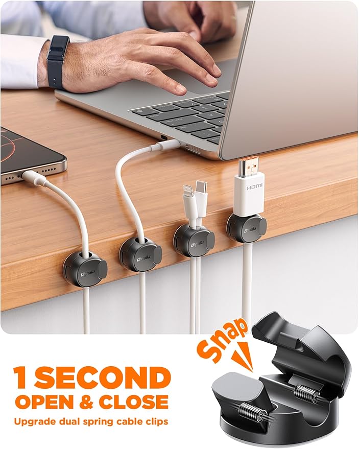 Chfeila 8 Pack Cable Clips [Dual Spring & Clasp] Cable Management, Max Secure Adhesive Cord Organizer, Cord Holder for Nightstand, School Office, College Dorm Essentials, Desk Accessories & Decor