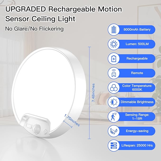 Homelist Newly Upgraded 8000mAh Rechargeable Ceiling Light, Battery-Operated Wireless Motion Sensor Ceiling Light with Remote for Shower, Bathroom, Closet, Stairs, Hallway, Porch (6000K Cool White)
