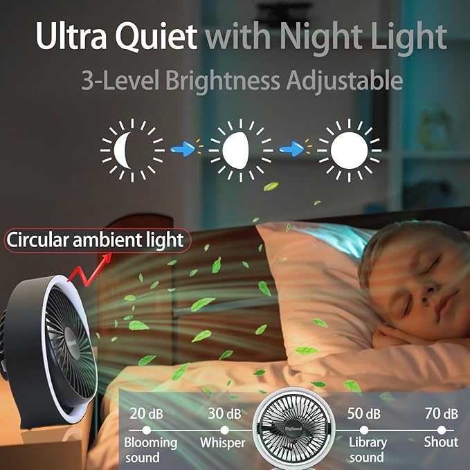 Digibond Small Fan, High Power Silent Desk Fan Portable USB Fan 3000mAh Rechargeable Battery Powered, 3 Speed 5.3in with Night Light/Hook,180°Rotated Easy Clean (Black)