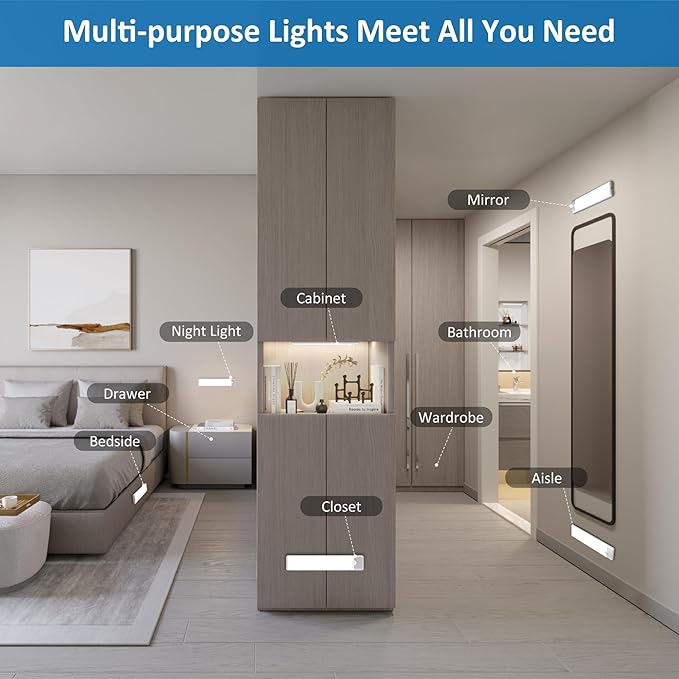 Motion Sensor Under Cabinet Lights, Magnetic Rechargeable Under Counter Closet Light, Wireless Night Light Bar Stick-On, 3-Pack, Cool White