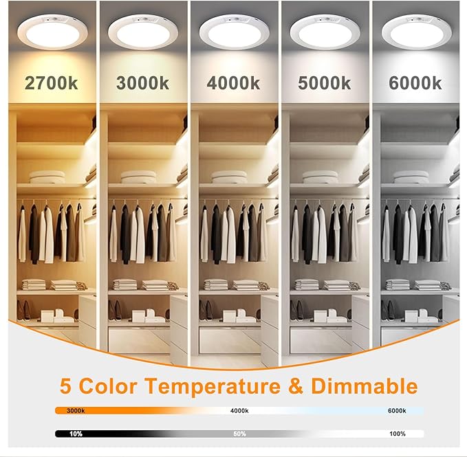 Rechargeable Motion Sensor Ceiling Light, 5 Colors Wireless Battery Operated Shower Lights with Remote, Magnetic Closet Light for Closet Shower Bathroom Hallway, 2 Pack