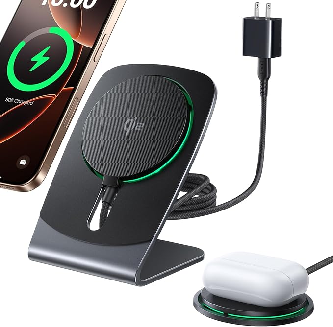 INIU 2 in 1 Detachable Wireless Charger Stand, Qi2 Certified 15W Wireless Charging Pad with Dimmable Light for iPhone 17-12 Series & AirPods 4-2, Strong Magnet Charger for Home Office (with Adapter)