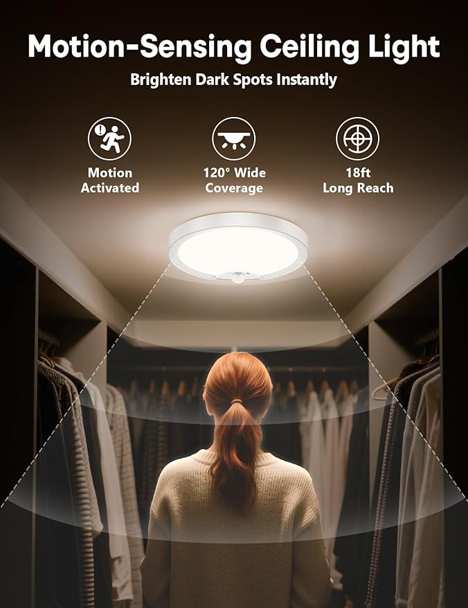 Fizrice Motion Sensor Flush Mount Ceiling Light 2 Pack, 8000mAh 500LM Battery Operated Wireless LED Fixture with Remote Control & Stepless Dimming for Closet Shower Stairs Shed Hallway