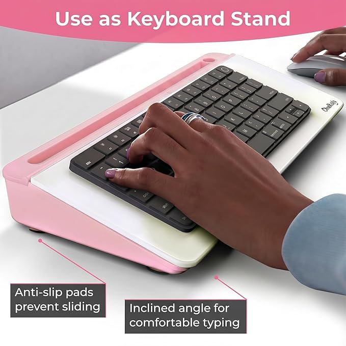Chalkola Pink Glass Desktop Whiteboard with Storage - Dry Erase Board, Work Desk Organizers, Computer Keyboard Stand, Home Office Desk Accessories, Workspace Desktop Buddy