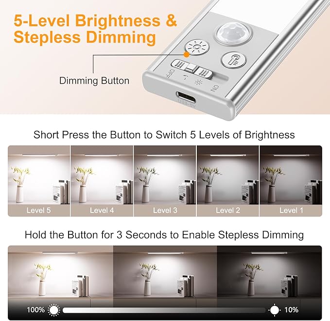 Gritin 14.7inch Under Cabinet Lighting Rechargeable 2 Pack- 3 Color Temps&5 Level Brightness, Super Bright, 4 Modes, Motion Sensor, Long Lasting - Easy Installation Magnetic Under Closet Lights-Silver