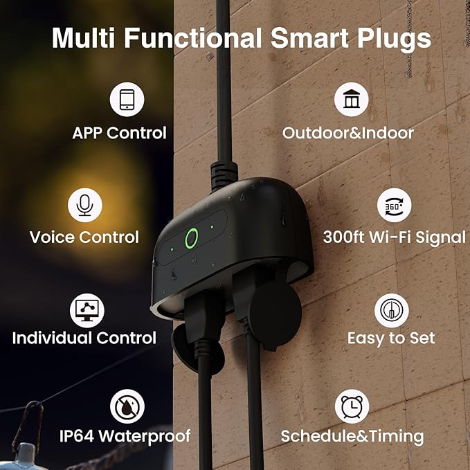 GHome Smart Outdoor Smart Plug, Smart Home Wi-Fi Outlet with 2 Sockets, IP64 Weather Resistance, Compatible with Alexa, Google Home & SmartThings, No Hub Required