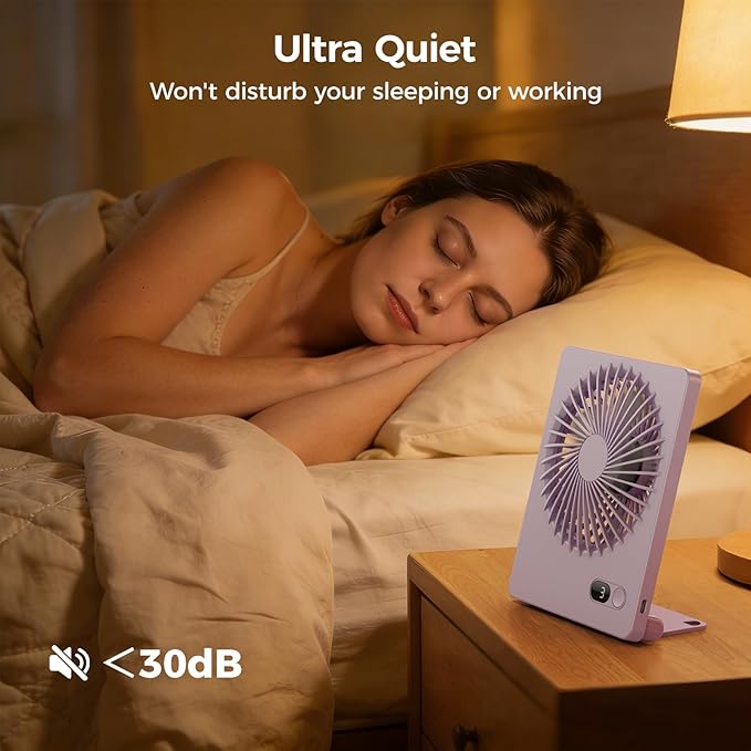 Zuvas Desk Fan Battery Operated Fan Rechargeable 180°Tilt Folding Personal Fan Ultra Quiet Small Portable 3 Speed Adjustable Strong Wind Fan For Office Bedroom Home Desktop Camping (Light Purple)