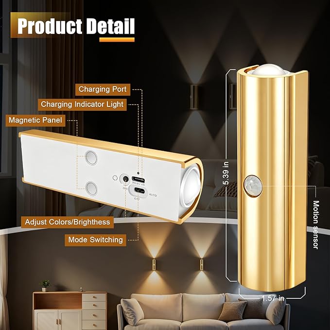 2 Pack Motion Sensor Wall Light, Rechargeable Wall Sconces Battery Operated with 3 Colors & Dimmable, Magnetic Wireless Wall Sconces for Stair Bedroom Hallway Bathroom (Gold)