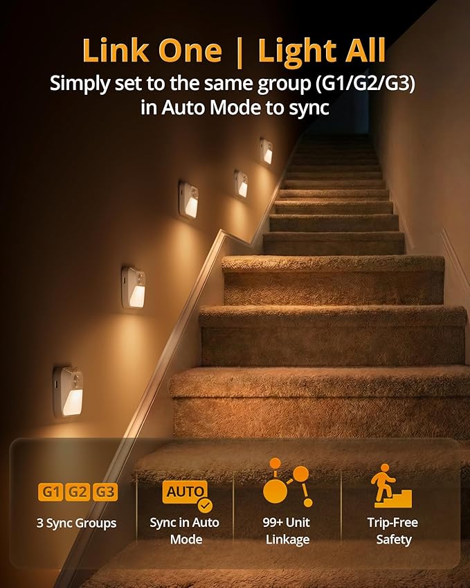 Lyridz Rechargeable Sync Motion Sensor Night Lights with 3-in-1 Charging Dock, Stepless Dimmable Indoor Step Light for Stairs, Hallway, Bathroom, Bedroom, Pets and Nursery, 3 Pack