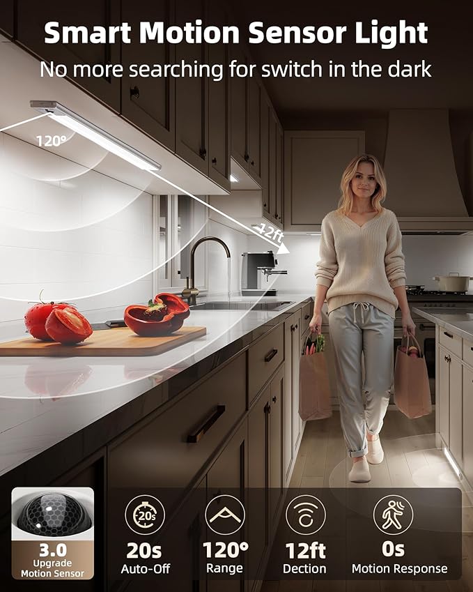 EZVALO 5-Pack Under Cabinet Lighting, 4000mAh Rechargeable Motion Sensor Light, 16.5inch Magnetic Closet Lights with Dimmable & 3 Color Temps, Wireless Motion Activated Lights with Remote for Kitchen