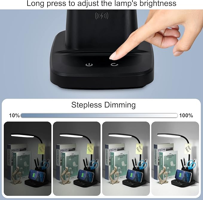 Desk Lamp, LED Desk Lamps for Home Office, Wireless Charger Small Desk Lamp with Pen Holder, 3 Color Modes, Dimmable, CRI 85, 800LM, Study Lamps for College Dorm Room, Adapter Included, Black