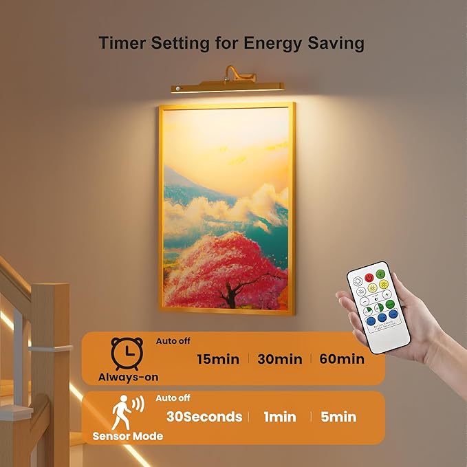 Brass Wireless Picture Light for Wall with Motion Sensor – 16'' Remote with 3CCT Dimmable Art Light for Paintings, 5000mAh Rechargable Painting Light for Artworks,Photos (1Pack