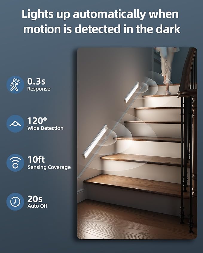 14.5-inch Under Cabinet Lights, Wireless Closet Light, Motion Sensor, 3500mAh Rechargeable Battery, Magnetic, 3 Color Temps, 5 Levels Dimmable, Under Counter Lights for Kitchen (2 Pack)