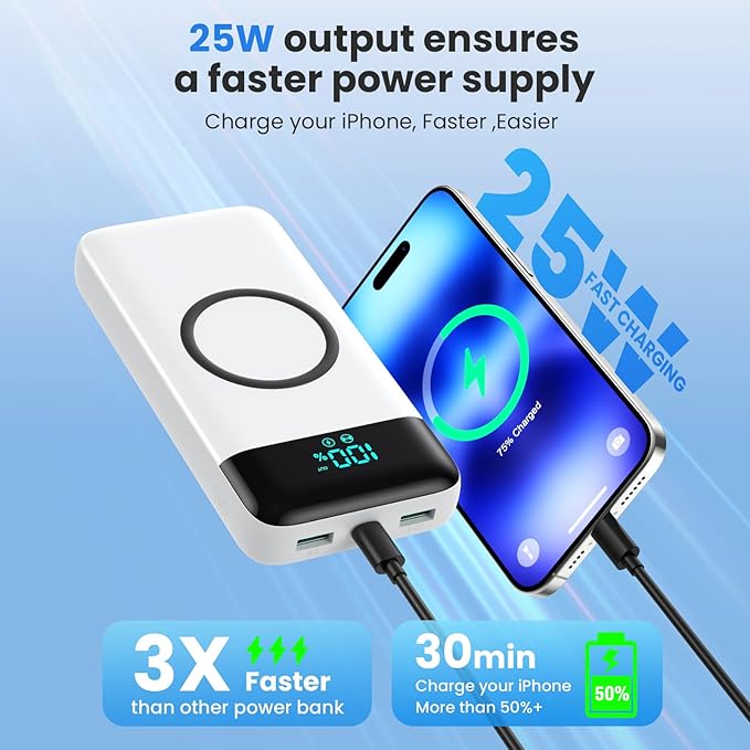 YHO Wireless Portable Charger 40800mAh for iPhone with Built-in Cables, 15W Wireless Charging USB C Power Bank,25W PD Fast Charging Travel Essential Battery Pack for iPhone 17/16/15,Android-White