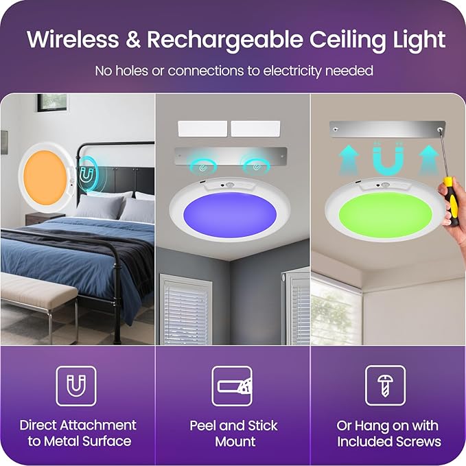 2 Pack Motion Sensor Rechargeable Shower Lights with Remote, RGBW Battery Operated Ceiling Light, Wireless, Color Changing, Warm-to-Cool Whites, Dimmable, Timer, Magnetic for Bathroom Closet Porch