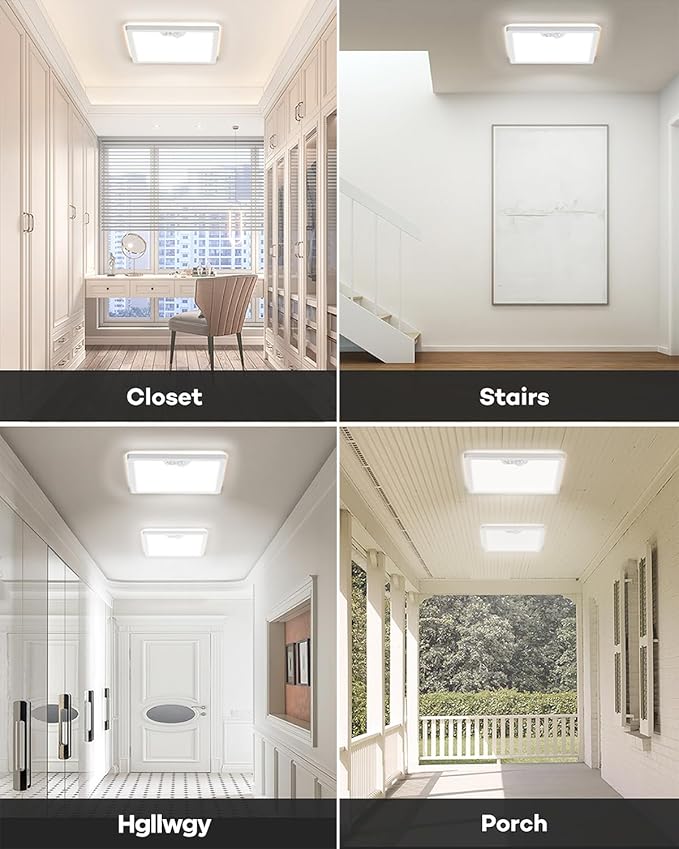 Annaror 12in Motion Sensor Ceiling Light Wired, 3000K 4000K 5000K Selectable, 24W Flush Mount Square Motion Ceiling Light with 3 Timer for Closet Porch Stairs Hallway, White