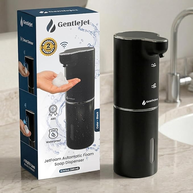 GentleJet JetFoam Automatic Foam Soap Dispenser Touchless Sensor, USB-C Rechargeable, Adjustable Output, IPX5 Waterproof, 300 ml, Bathroom & Kitchen Countertop