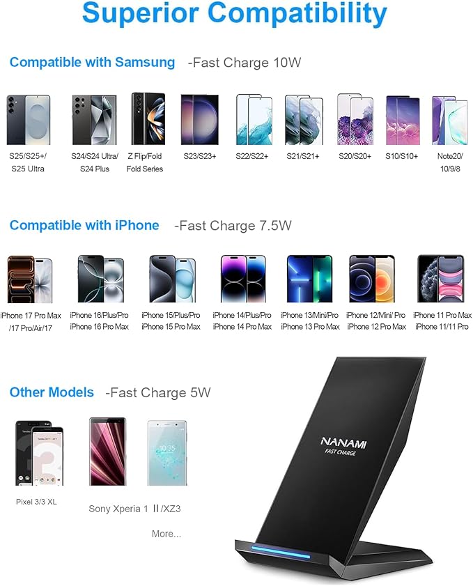 NANAMI Fast Wireless Charger with USB Phone Charger, Charging Stand with 20W PD Adapter for iPhone 17/17 Pro/17 Pro Max/16/16 Plus/15/14/13, 10W for Samsung Galaxy S26/S26+/S25/S24/S23/S22/S21