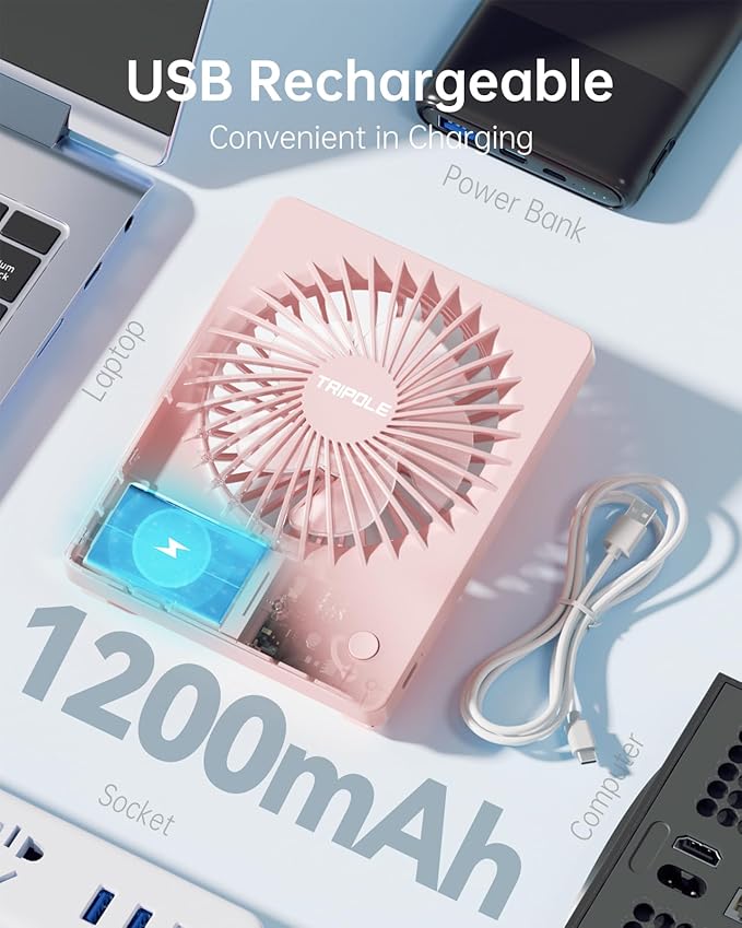 TriPole Mini Portable Desk Fan Rechargeable Ultra Quiet Small Fan 4.5 Inch Personal Travel Fan with 180° Tilt Folding and 3 Speeds Adjustable for Office Desktop Bedroom (Pink)