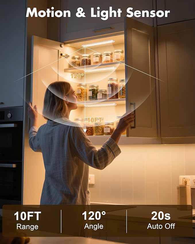 maylit 6 Pack Under Cabinet Lighting, 3 Color Temps Motion Sensor Light Indoor, Rechargeable Battery Operated Lights, Wireless Magnetic Light Bar for Kitchen Counter Closet Stair Shelf Display