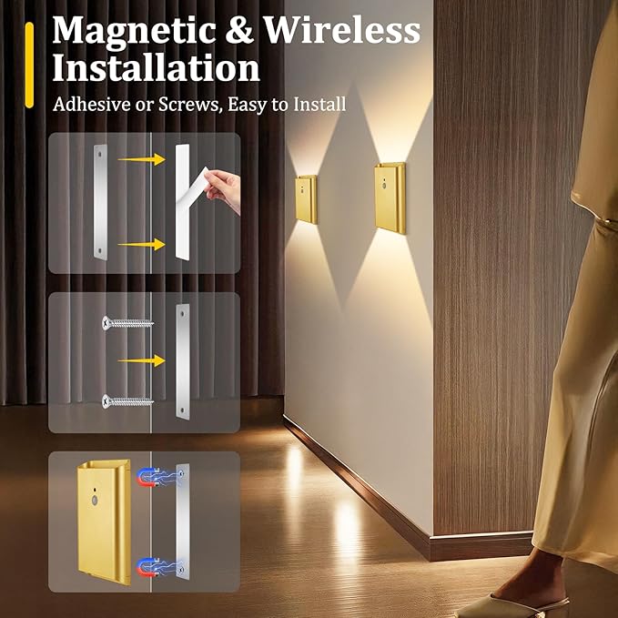 4 Pack Battery Operated Wall Lights - 5000mAh Rechargeable Motion Sensor Wall Sconce with Remote, 3 Colors Wireless Wall Lamp Magnetic Motion Sensor Night Light Indoor for Hallway Stairway, Gold