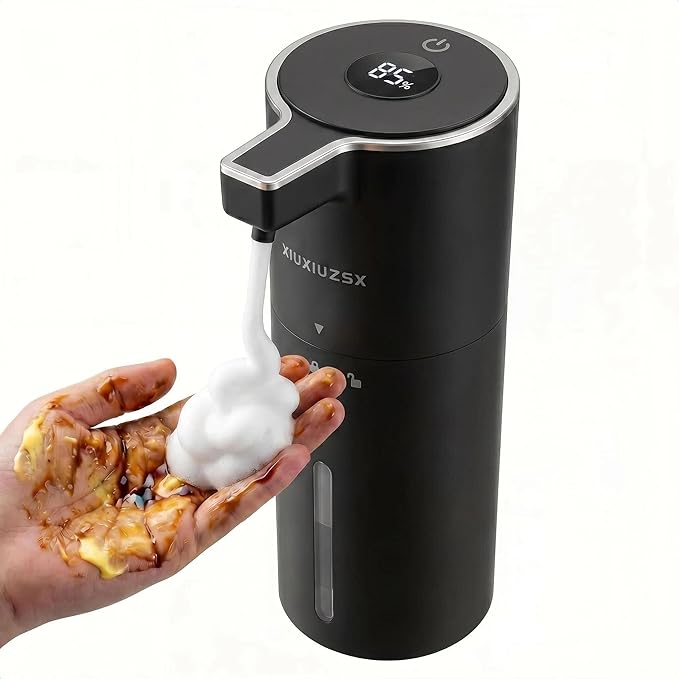 Automatic Foaming Soap Dispenser Touchless Upgrade Pump Uneasy Plugging Wall Mounted USB Rechargeable, 4-Level Adjustable 13.52oz Modern Electric Hand Soap Dispenser Kitchen Bathroom Kids Family Black