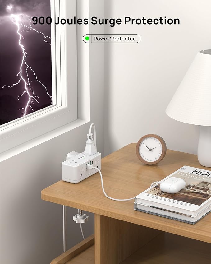 TROND Small Footprint Desk Clamp Power Strip USB C PD 20W, Flat Plug Extension Cord 5ft, 3 Sided 6 Outlets, 4 USB, 900J Surge Protection, Fit 2.16" Tabletop Edge, Home Office Desk Accessories, White