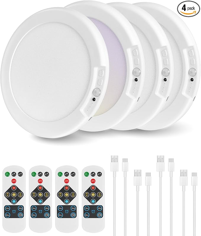 4 Pack Rechargeable Motion Sensor Ceiling Lights with Remote, Wireless Ceiling Light Battery Operated, Magnetic, 3CCT, Dimmable Shower Light, Motion Activated Light for Closet Bathroom Stairs Pantry