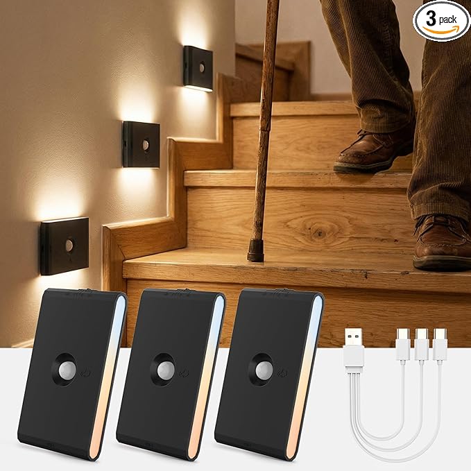 wowatt Rechargeable Motion Sensor Stair Light, Black Night Lights with Magnetic Mount, Dimmable Stair Lights Indoor for Stairway, Hallway, Kitchen, Bathroom(3 Packs)