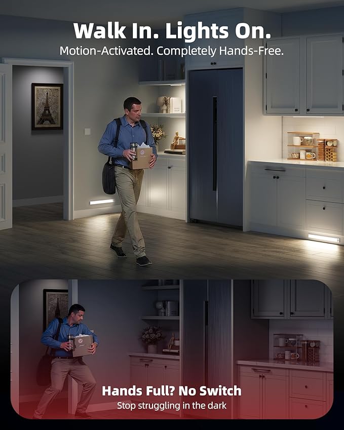 16inch Under Cabinet Lighting, 6Pack Rechargeable Motion Sensor Light Indoor, Magnetic Closet Lights with Dimmable & 3 Color Temps, Wireless Under Counter Lights for Kitchen, Stairs