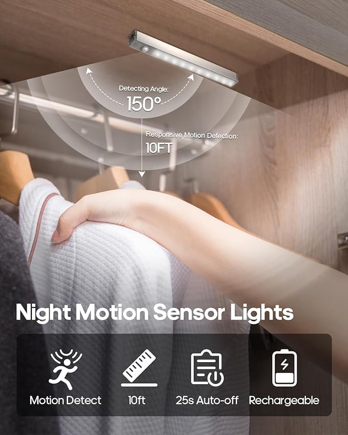 GOODEA 3 Pack Led Under Cabinet Lights Wireless, 7’’ Rechargeable Motion Sensor Light Indoor, Dimmable Closet Lights for Cabinets, Bookshelf, Stair, Hallway