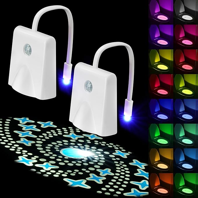 HOTUT Toilet Night Lights, 2PCS Motion Sensor with Star Projector, USB Rechargeable 16 Colors Changing LED Bowl Lights, Bathroom Accessories Decor, Funny Gift for Men, Women, Kids
