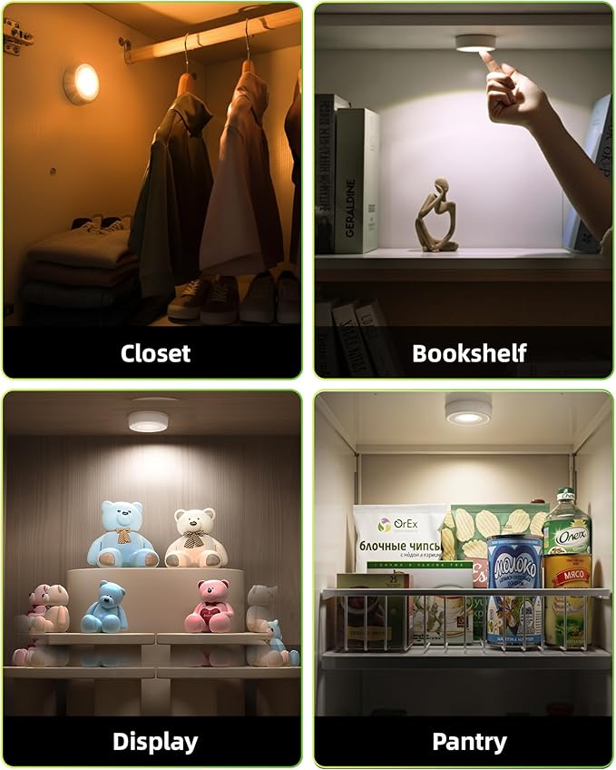 EZVALO LED Puck Lights with Charging Station, Rechargeable Stick On Tap Lights, Wireless Closet Light, 3 Color Temps, Under Cabinet Lights, 2.5'' Mini Touch Light for Kitchen,Pantry,Shelves(4 Pack)