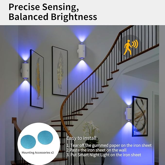 LED Motion Sensor Night Light, 7 Colors Rechargeable Battery Stair Light, Wireless Magnetic Wall Lamp, Cordless LED Wall Night Lights for Steps, Bedroom, Hallway, Courtyard, Holiday Decor, 2-Pack