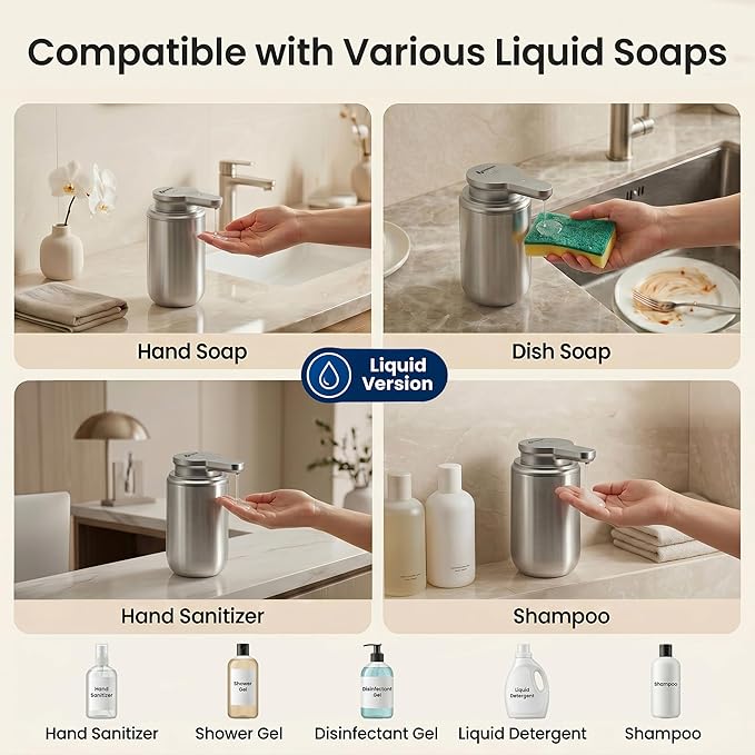 GentleJet WaveJet Automatic Liquid Soap Dispenser Touchless Sensor, USB-C Rechargeable, 304 Stainless Steel, IPX5 Waterproof for Bathroom Kitchen Sink, 10 oz / 300 ml