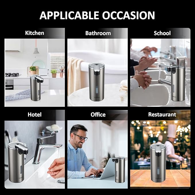 Automatic Soap Dispenser, Automatic Liquid Soap Dispenser Touchless, 12oz/340ml, 3-Level Adjustable, Battery Operated, Water-Resistant for Bathroom, Kitchen and School, Clog-Free, Stainless Steel