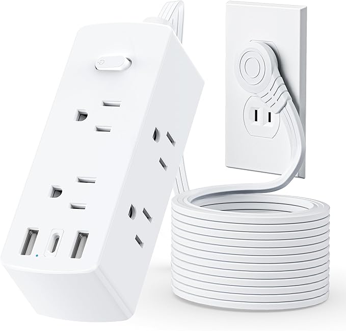 Yozisital Flat Plug Power Strip with 5 FT Extension Cord, 6 Outlets 3 USB Ports(1 USB C), 3 Sided Outlet Extender for Home Office Travel Dorm Room Essentials, White