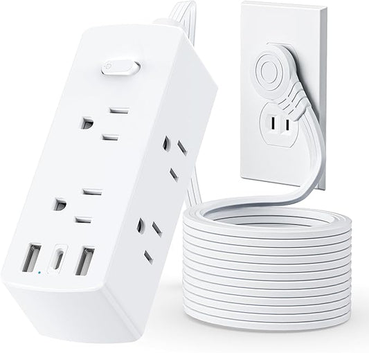 Yozisital Flat Plug Power Strip with 5 FT Extension Cord, 6 Outlets 3 USB Ports(1 USB C), 3 Sided Outlet Extender for Home Office Travel Dorm Room Essentials, White