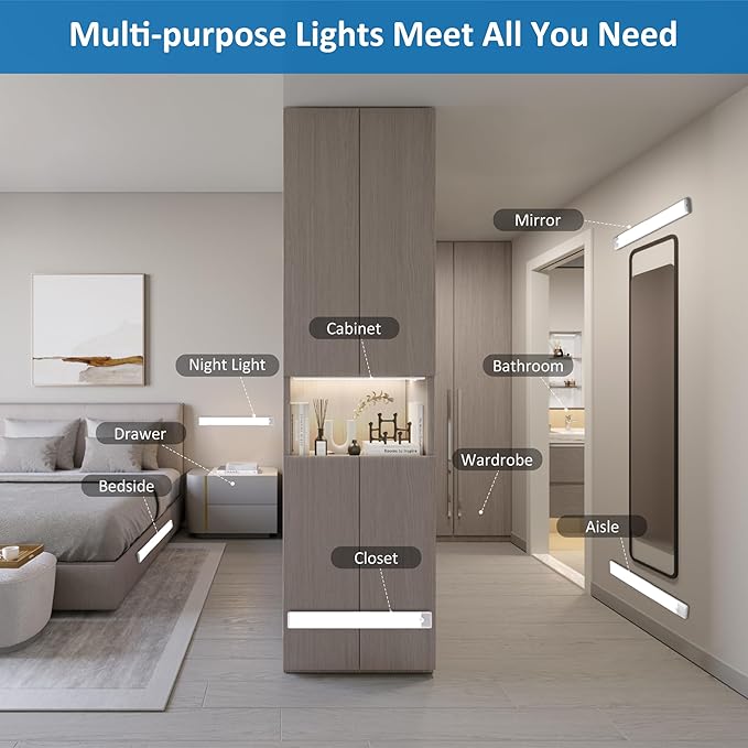 15.9 inch Motion Sensor Under Cabinet Lights, Magnetic Rechargeable Under Counter Closet Light, Wireless Night Light Bar Stick-On, Cool White, 2-Pack