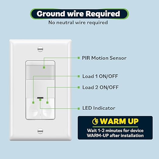 TOPGREENER Dual Load Motion Sensor Switch, PIR Sensor Light and Fan Switch, Occupancy & Vacancy Modes, No Neutral Wire Required, Ground Wire Required, 150W LED/CFL, 1/4HP, Single Pole, TDOS5-JD, White