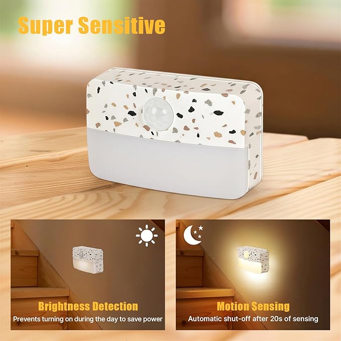 Guankai 8 Pack Motion Sensor Stair Light for Indoor, Battery Operated Closet Lights, Wireless Stick on Anywhere Hallway Lamp, Portable Led Night Lamps for Bedroom Under Cabinet Kitchen, Terrazzo White
