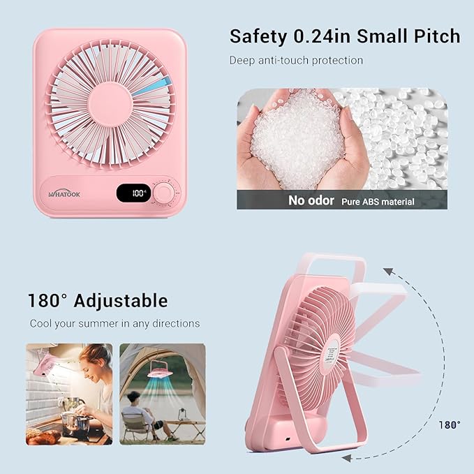 WHATOOK Small Desk Fan Personal Fans: 5000mah 25 Hours Battery Office Quiet Mini Desktop Fan Portable Rechargeable Travel Essentials (Pink, 2000 mAh)