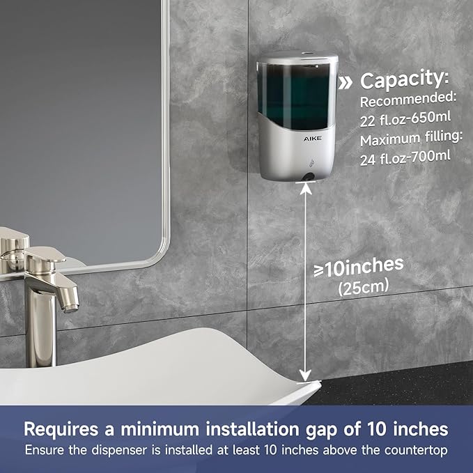 AIKE Liquid Automatic Wall Mount Soap Dispenser,Battery Operated Model AK1216,Silver