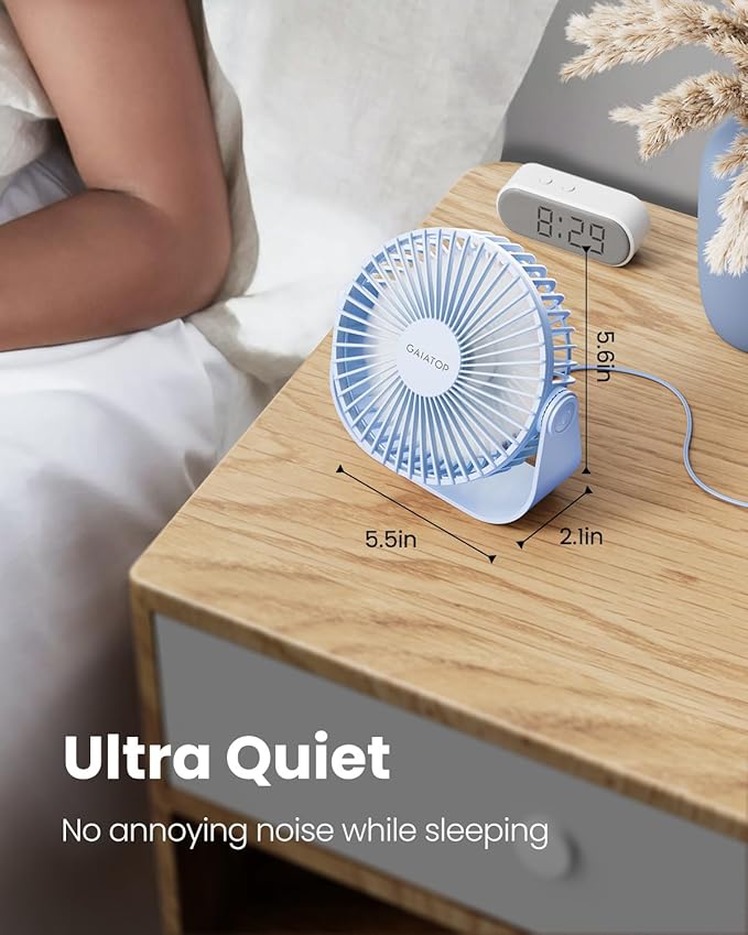 Gaiatop USB Desk Fan, 3 Speeds Strong Airflow, 5.5 Inch Portable 90° Rotate Quiet Cooling, Small Personal Table Fans for Bedroom Home Office Travel Blue