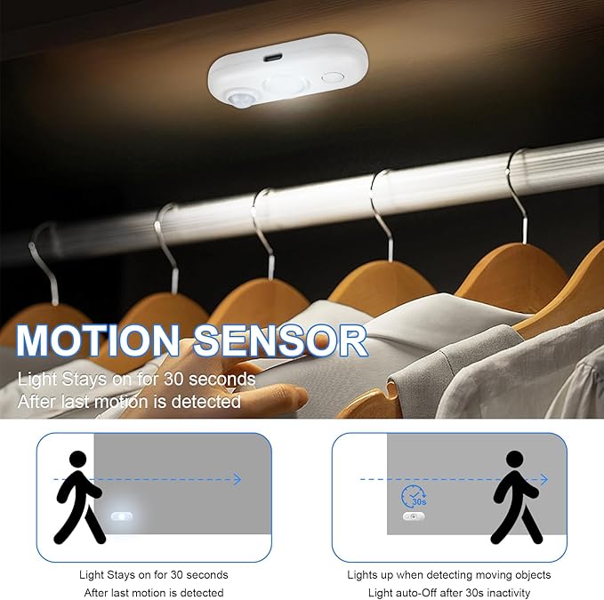 LED Motion Sensor Light Indoor, Magnetic Under Cabinet Lighting Daylight White, Dimmable Rechargeable Puck Lights for Closet, Kitchen, Stairs(6 Pack)