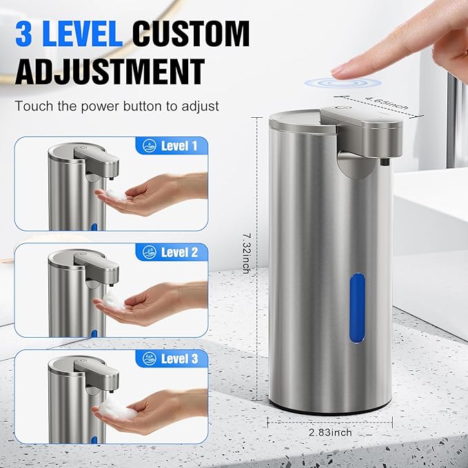 Fantictas Automatic Foaming Soap Dispenser Touchless, Stainless Steel 11.5 oz 3 Levels Adjustable Hand Soap Dispenser with Rechargeable Sensor Pump for Kitchen & Bathroom Liquid Soap