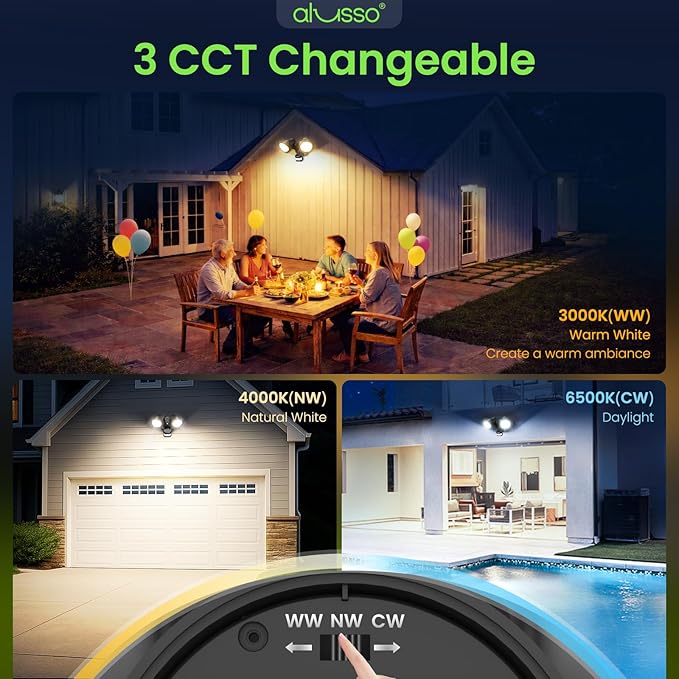 ALUSSO Motion Sensor Outdoor Lights, 30W 3500LM Flood Lights Outdoor 120V, 3 Modes (Dusk to Dawn/Auto/On Time), 3CCT 3000K/4000K/6500K Waterproof Hardwired Security Light ETL Listed for Porch, 2PCS