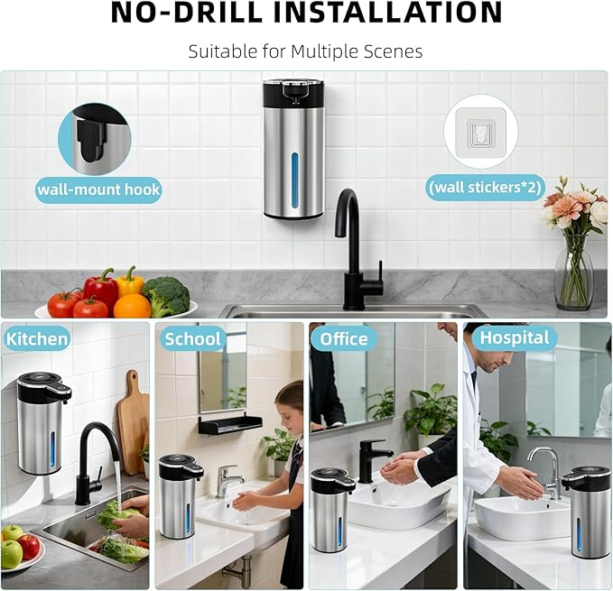 Touchless Automatic Foaming Soap Dispenser for Kitchen, Rechargeable, 13.5oz Large Capacity, Fast Sensor, 4 Adjustable Liquid Levels, Waterproof, Clog-Free Pump(Stainless Steel Foam)