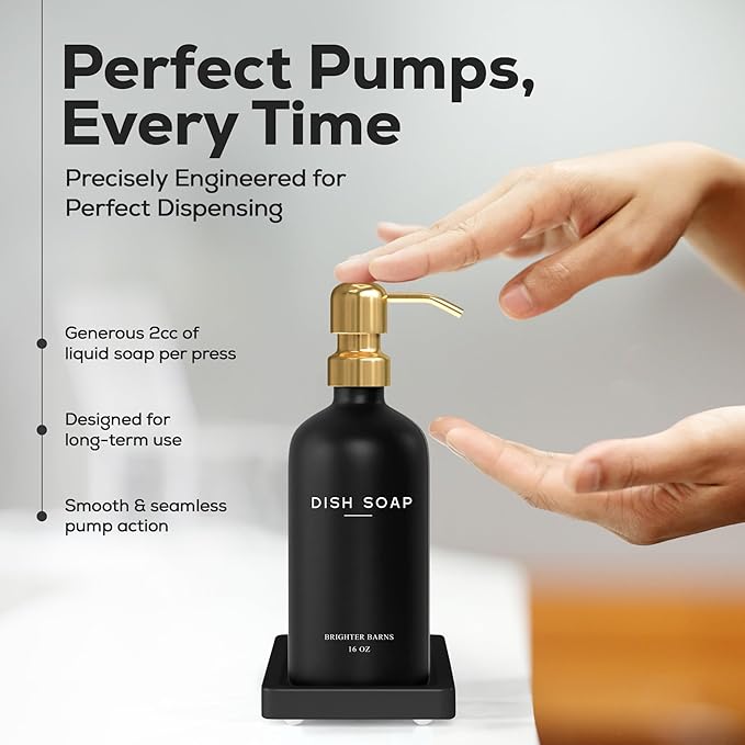 Luxury Glass Hand and Dish Soap Dispenser Set by Brighter Barns - Black and Gold Soap Dispenser Set for Kitchen Sink - Modern Kitchen Decor and Accessories for Restaurant, Airbnb, Gift (Black/Gold)