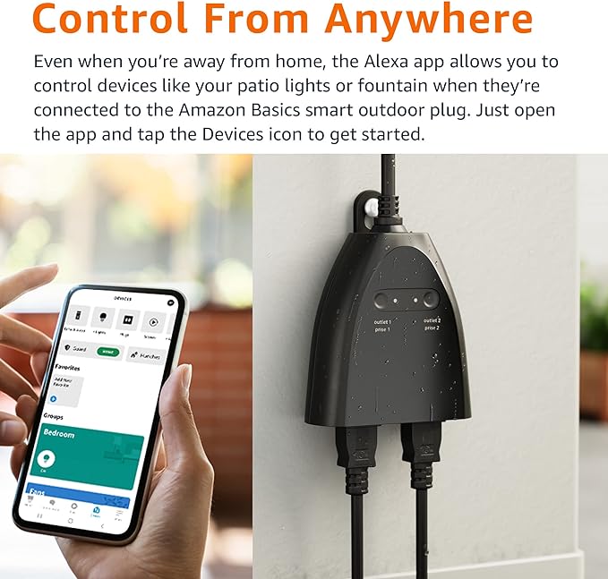 Amazon Basics Outdoor Smart Plug with 2 Individually Controlled Outlets, Works with Alexa Only, Voice Control, Weather Resistant, 2.4 GHz Wi-Fi, No Hub Required, Black